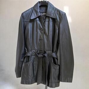 Vintage Wilsons Black Genuine Leather Belted Jacket Trench Y2K 90s